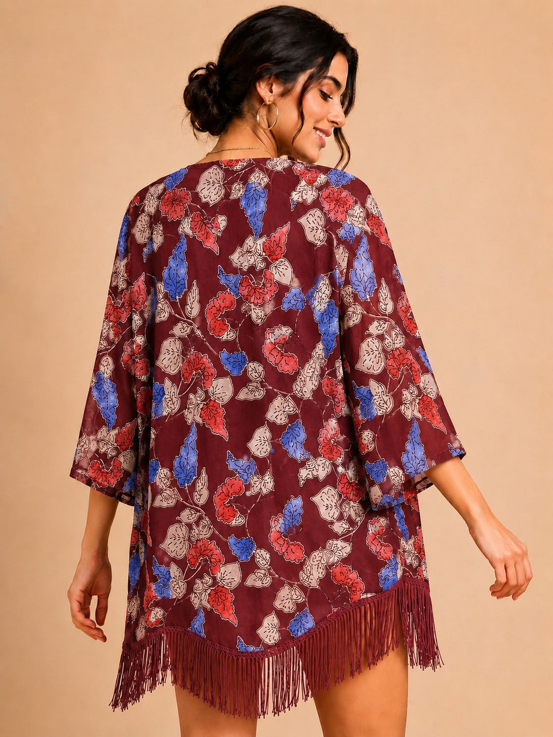 Women Maroon Floral Printed Front Open Longline Shrug