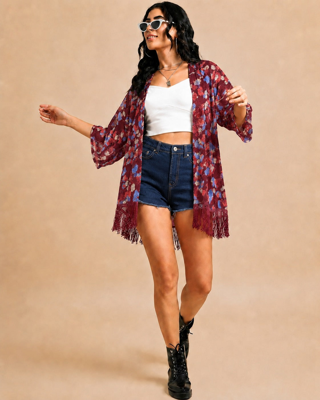Women Maroon Floral Printed Front Open Longline Shrug