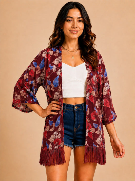 Women Maroon Floral Printed Front Open Longline Shrug