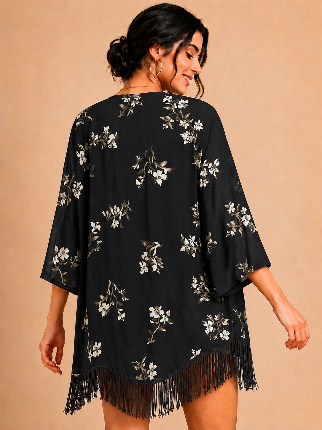 Women Black Floral Printed Front Open Longline Shrug