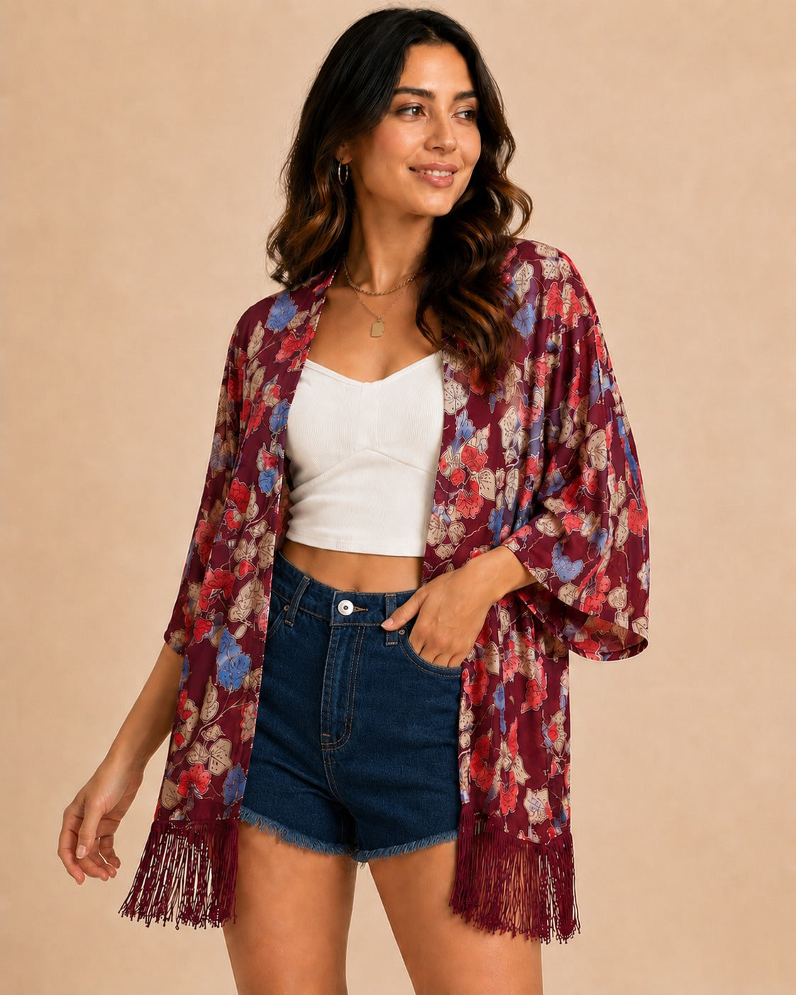 Women Maroon Floral Printed Front Open Longline Shrug