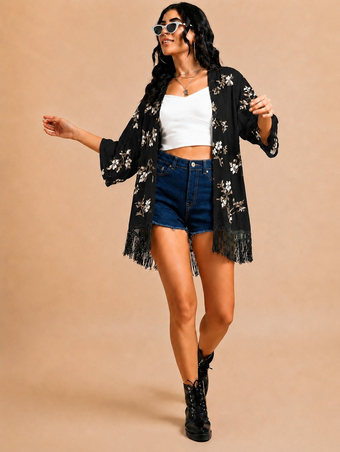 Women Black Floral Printed Front Open Longline Shrug