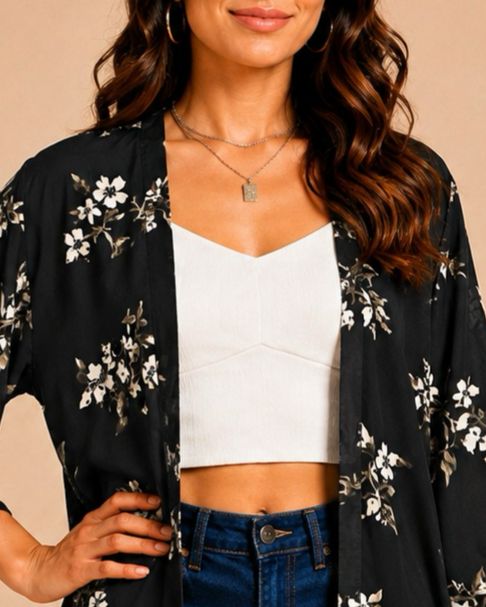 Women Black Floral Printed Front Open Longline Shrug