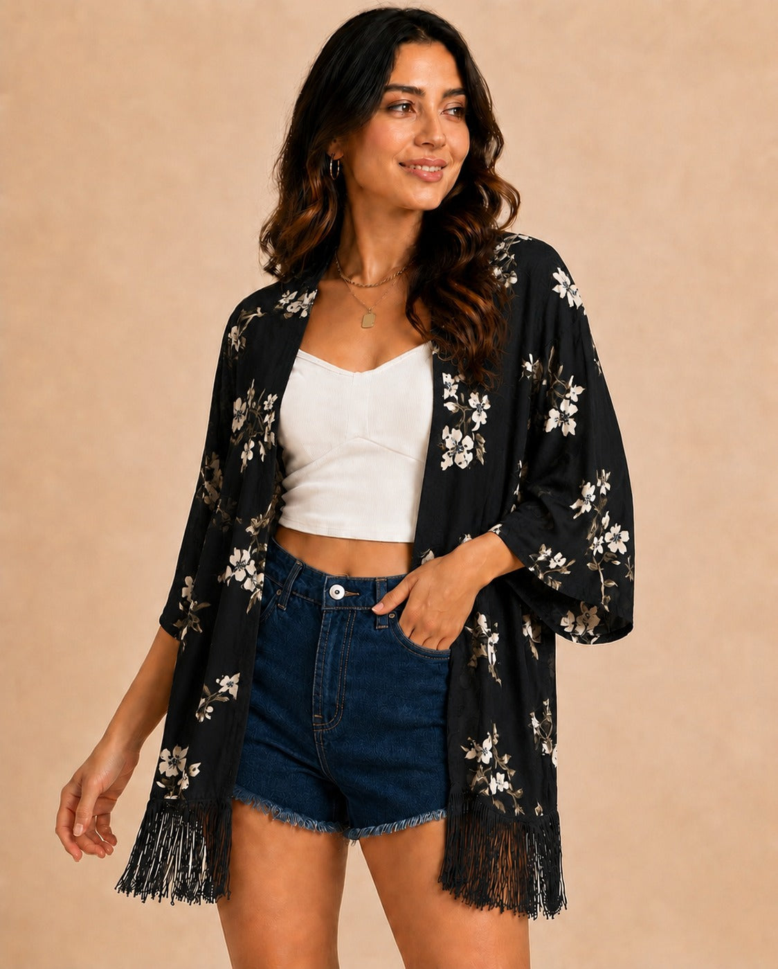 Women Black Floral Printed Front Open Longline Shrug