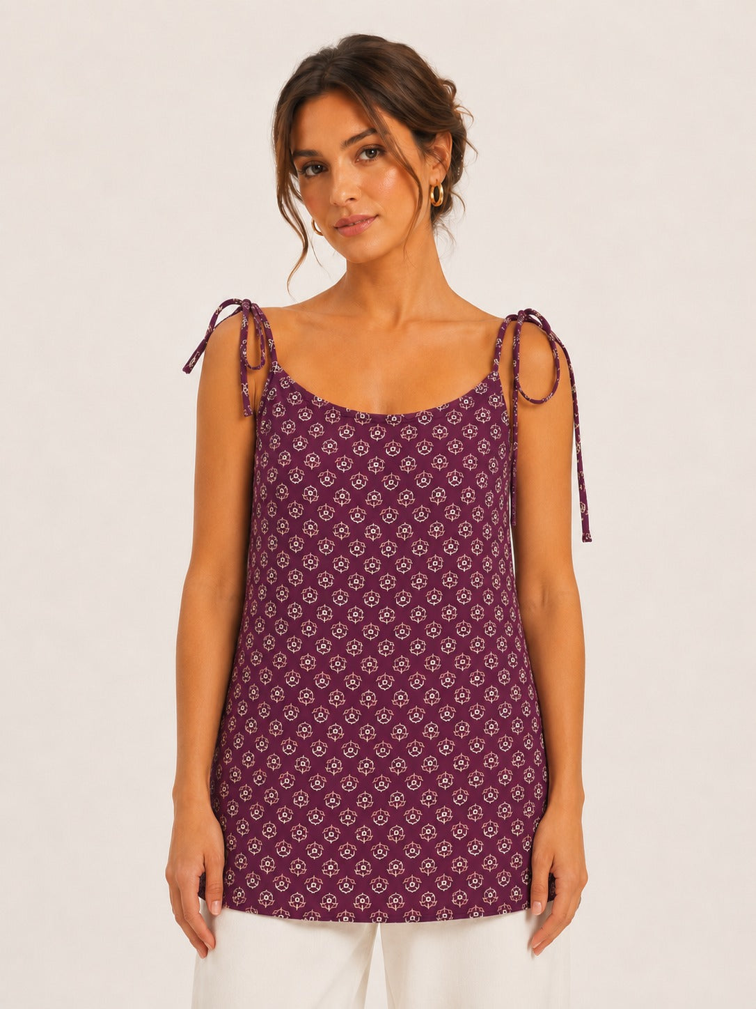 Women Floral Printed Shoulder Knot Tunic