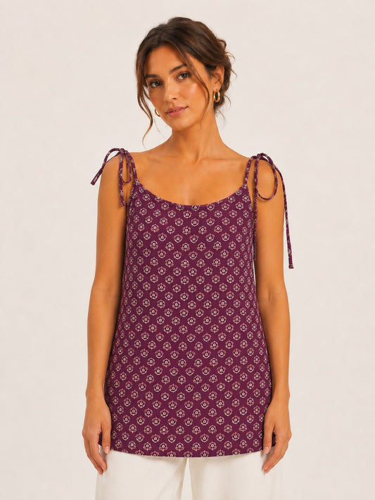 Women Floral Printed Shoulder Knot Tunic