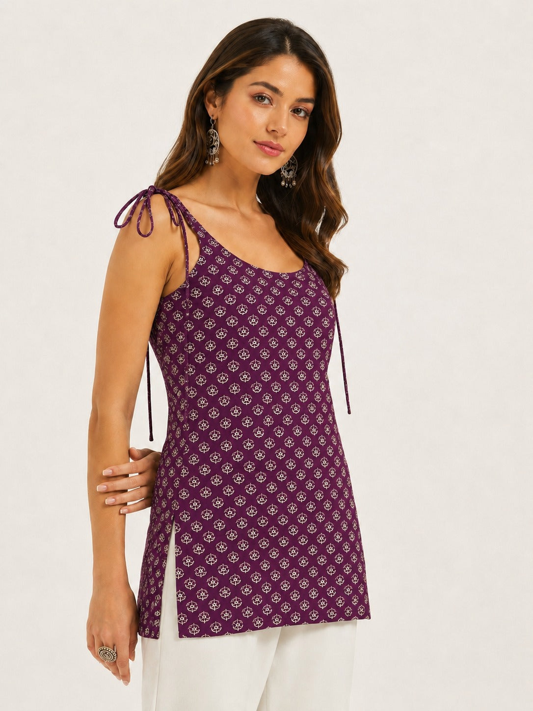 Women Floral Printed Shoulder Knot Tunic
