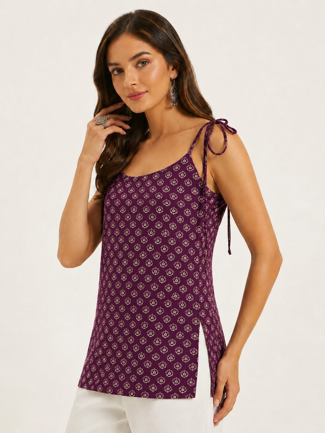 Women Floral Printed Shoulder Knot Tunic