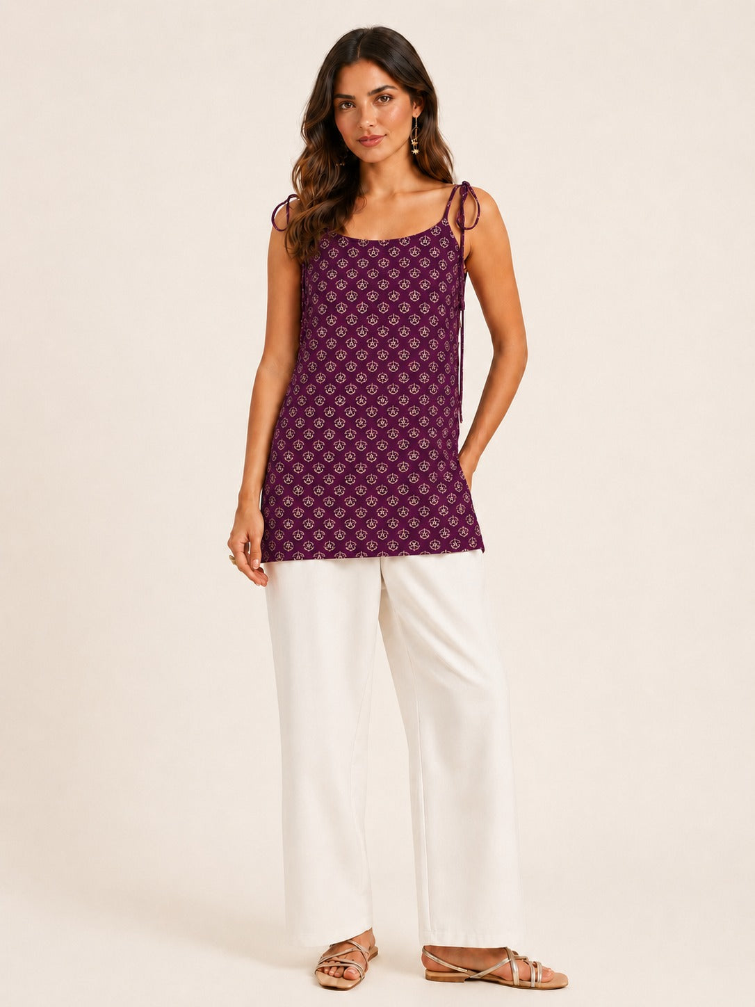 Women Floral Printed Shoulder Knot Tunic