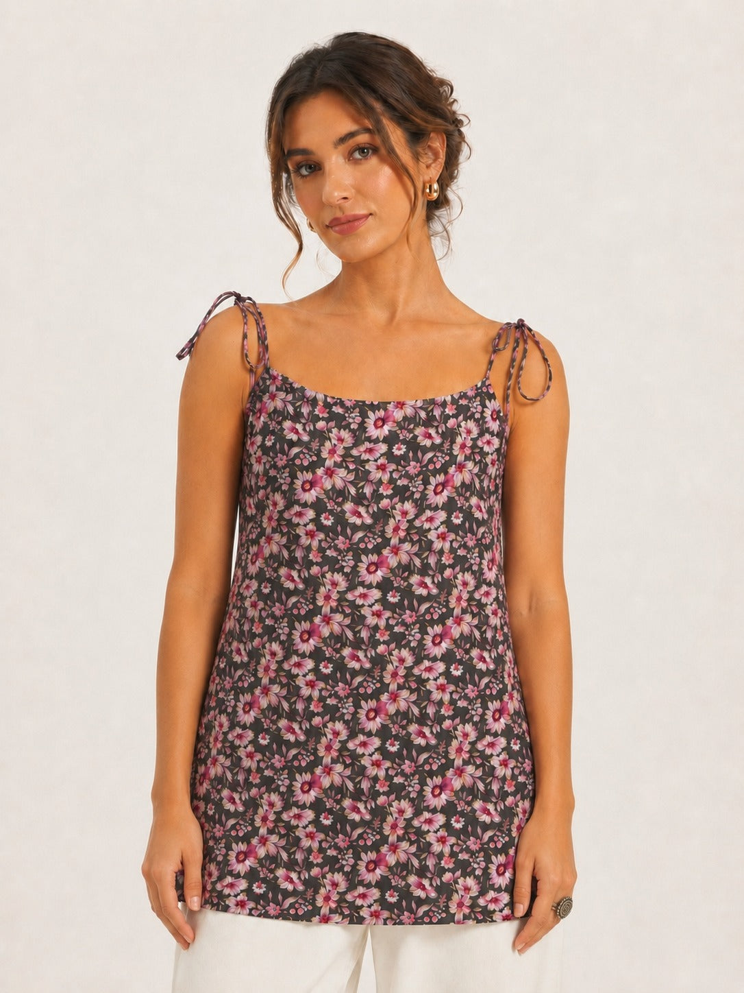 Women Floral Printed Shoulder Knot Tunic