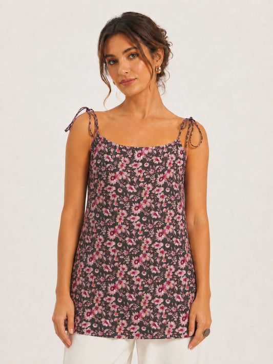 Women Floral Printed Shoulder Knot Tunic