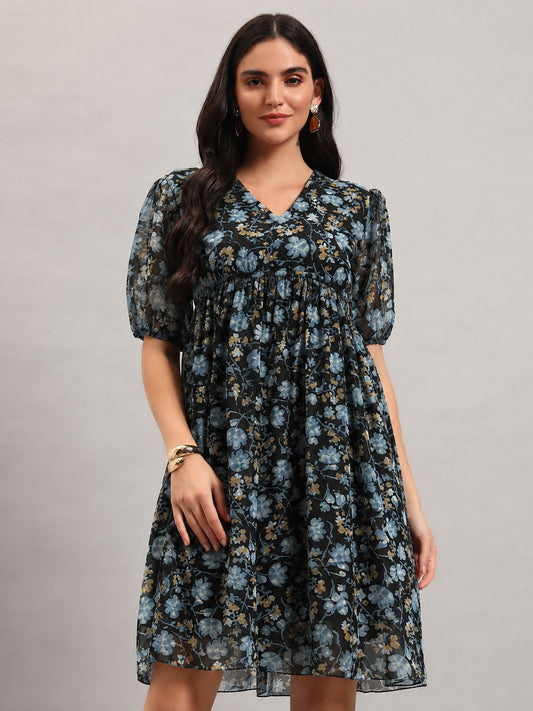Women Black Georgette Fit & Flared Dress
