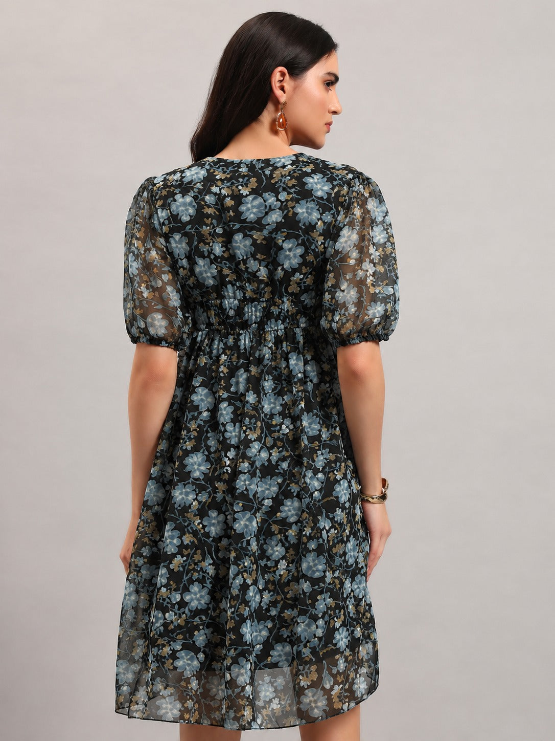 Women Black Georgette Fit & Flared Dress