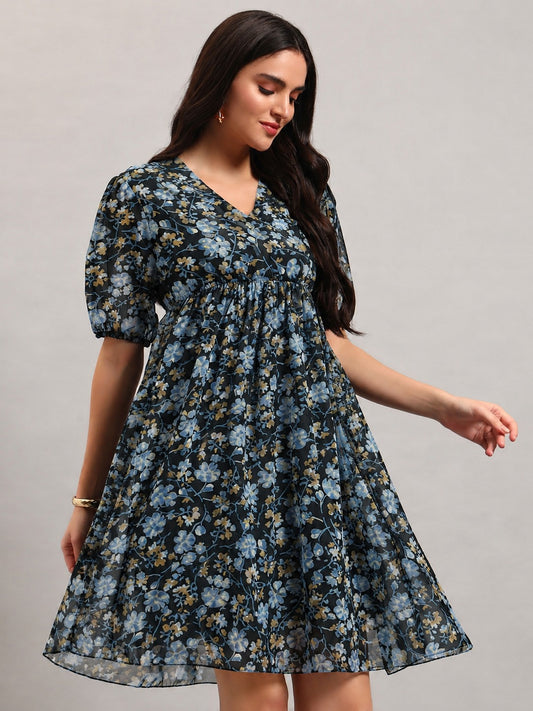 Women Black Georgette Fit & Flared Dress