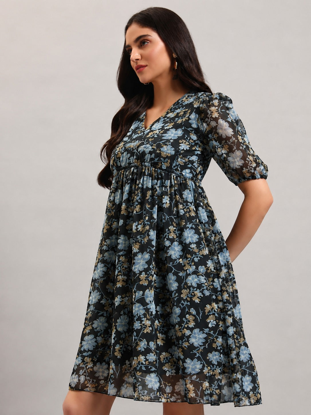 Women Black Georgette Fit & Flared Dress