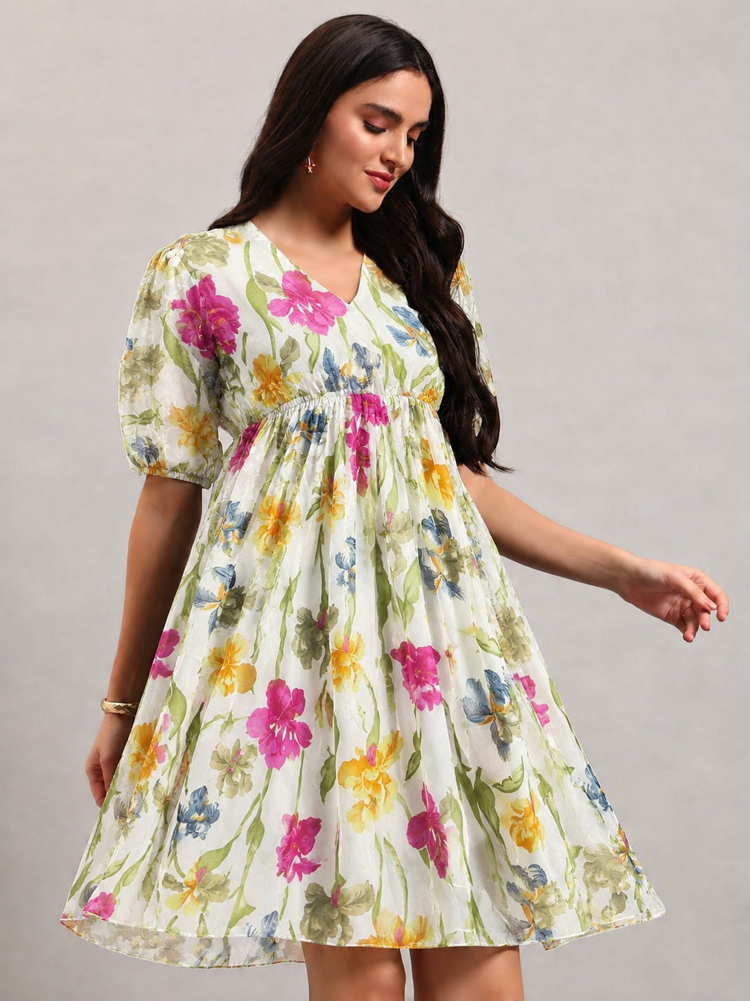 Women White & Yellow Georgette Fit & Flared Dress