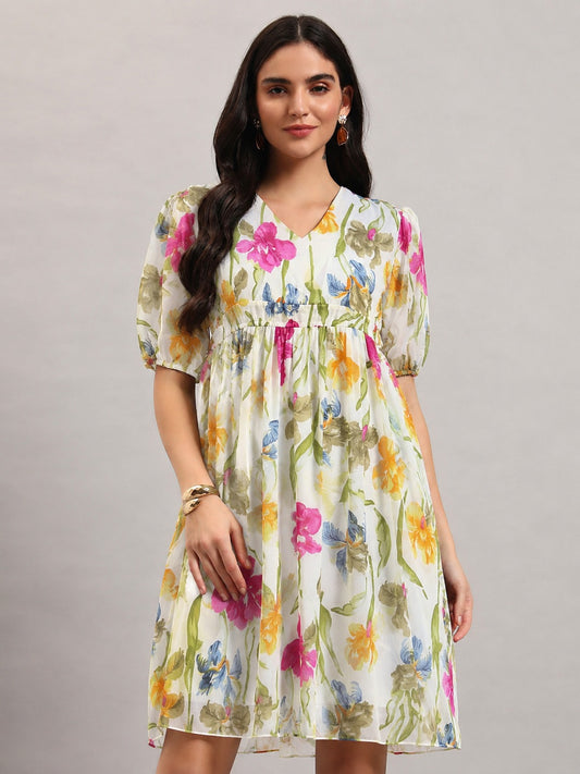 Women White & Yellow Georgette Fit & Flared Dress