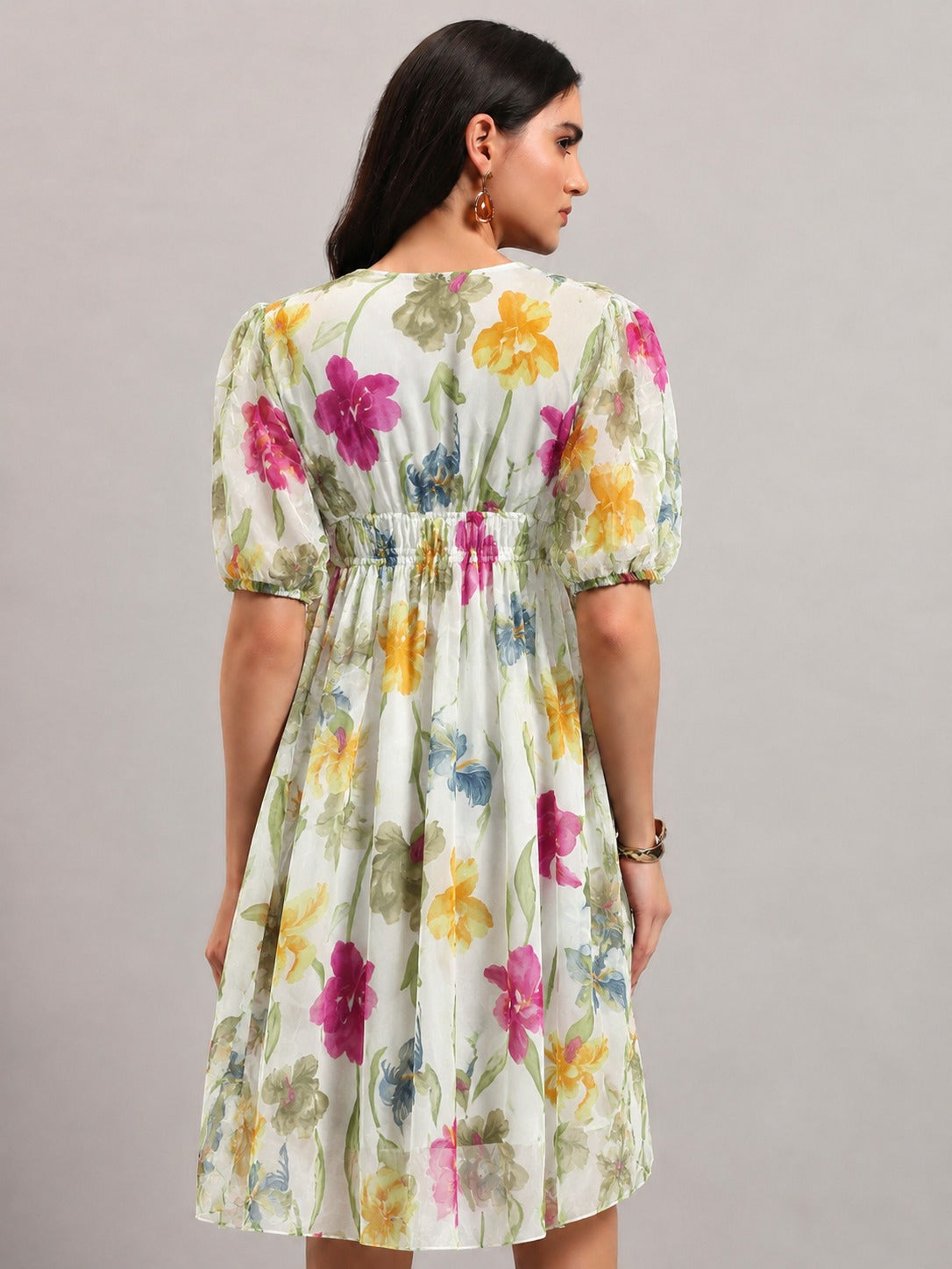 Women White & Yellow Georgette Fit & Flared Dress