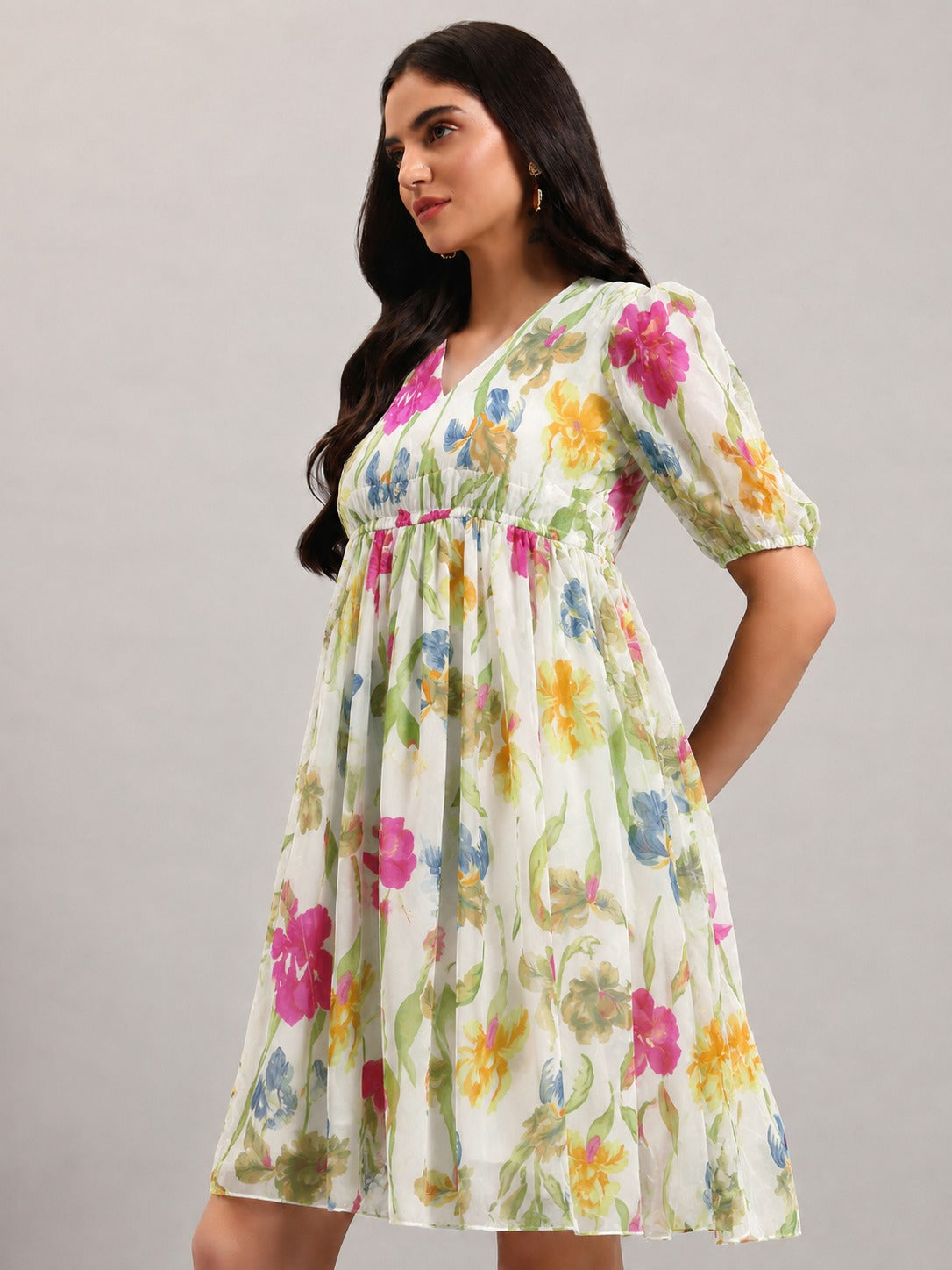 Women White & Yellow Georgette Fit & Flared Dress