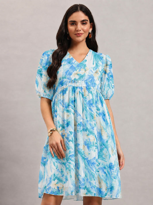 Women Blue Georgette Fit & Flared Dress