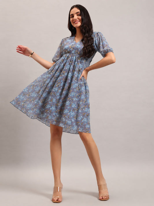 Women Grey Georgette Fit & Flared Dress