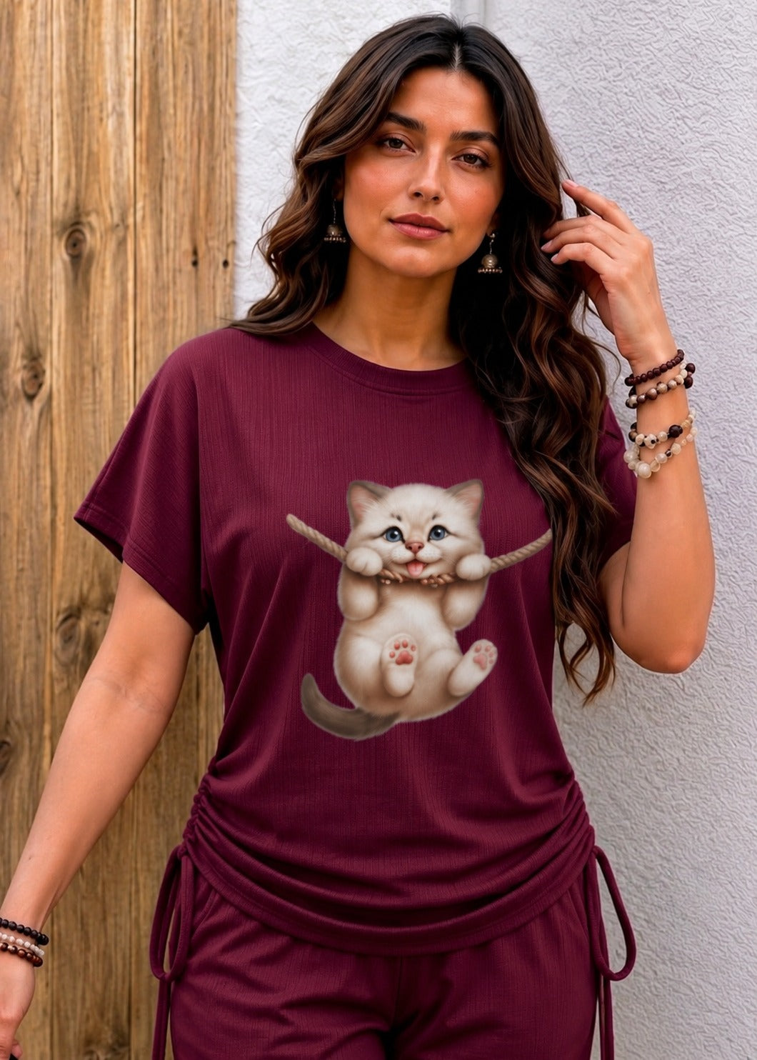 Women Solid Cat Patch Top and short Co-Ords Set