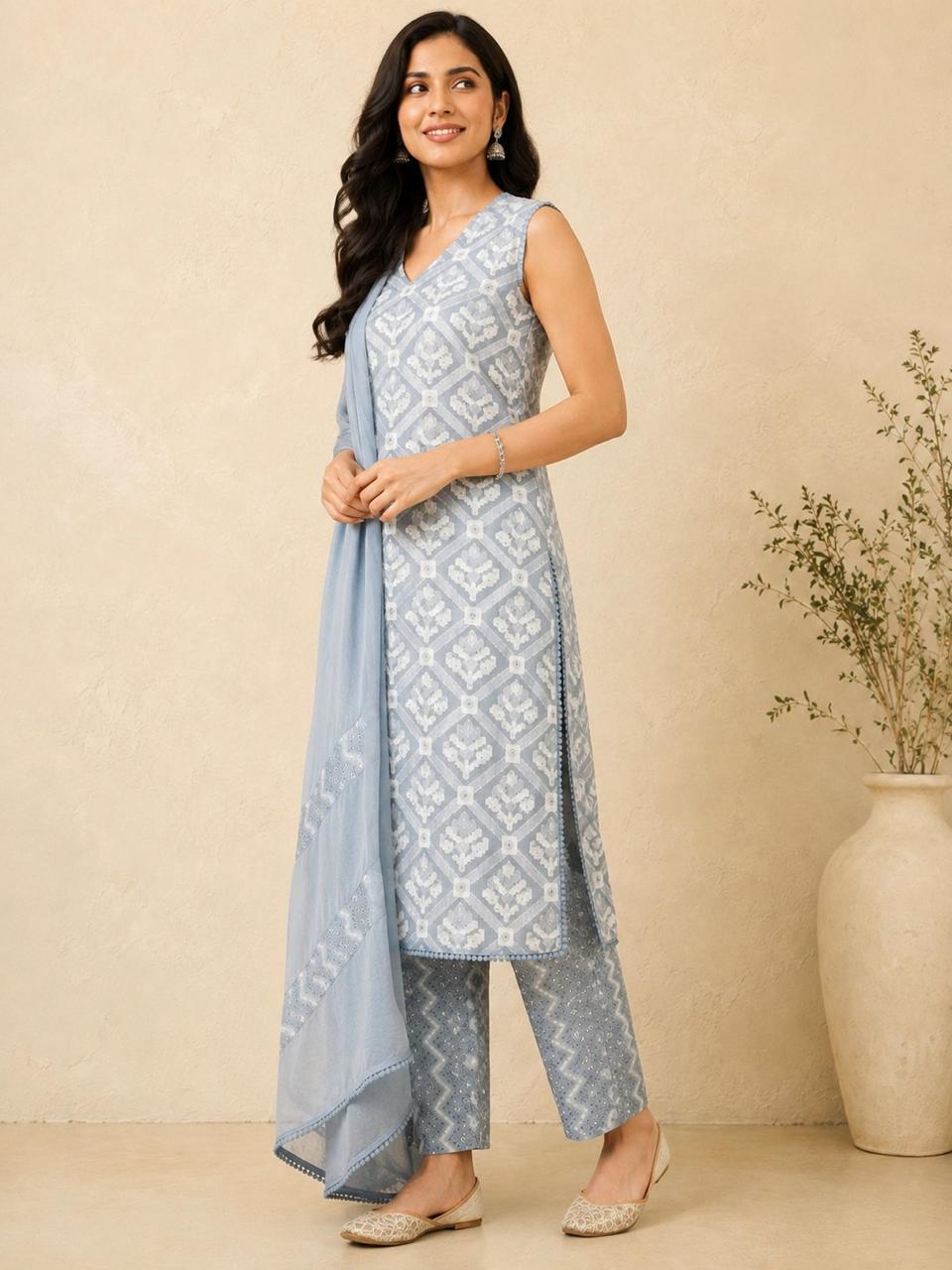 Women Abstract Printed Straight V neck Straight Kurta With Palazzo and Dupatta