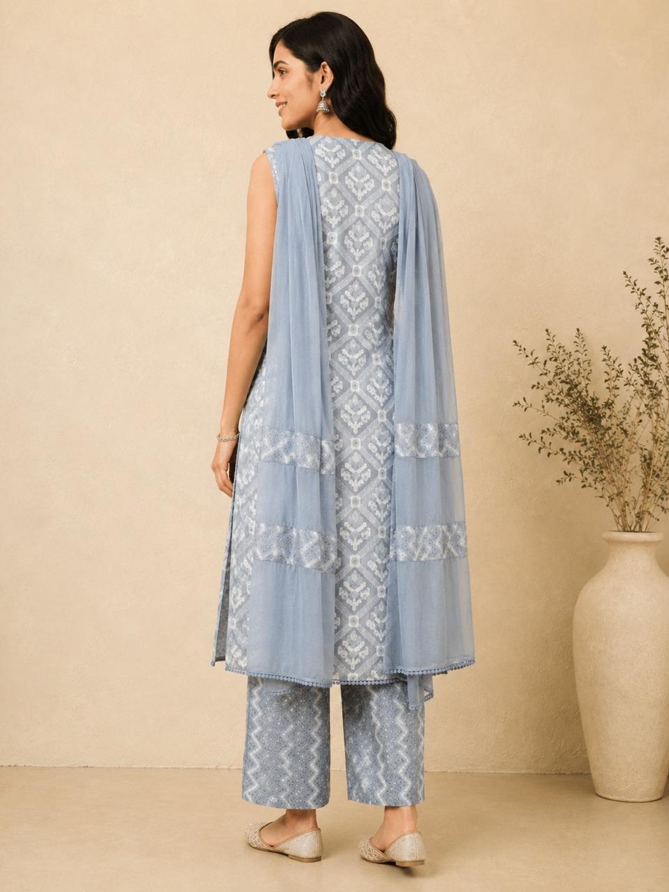 Women Abstract Printed Straight V neck Straight Kurta With Palazzo and Dupatta