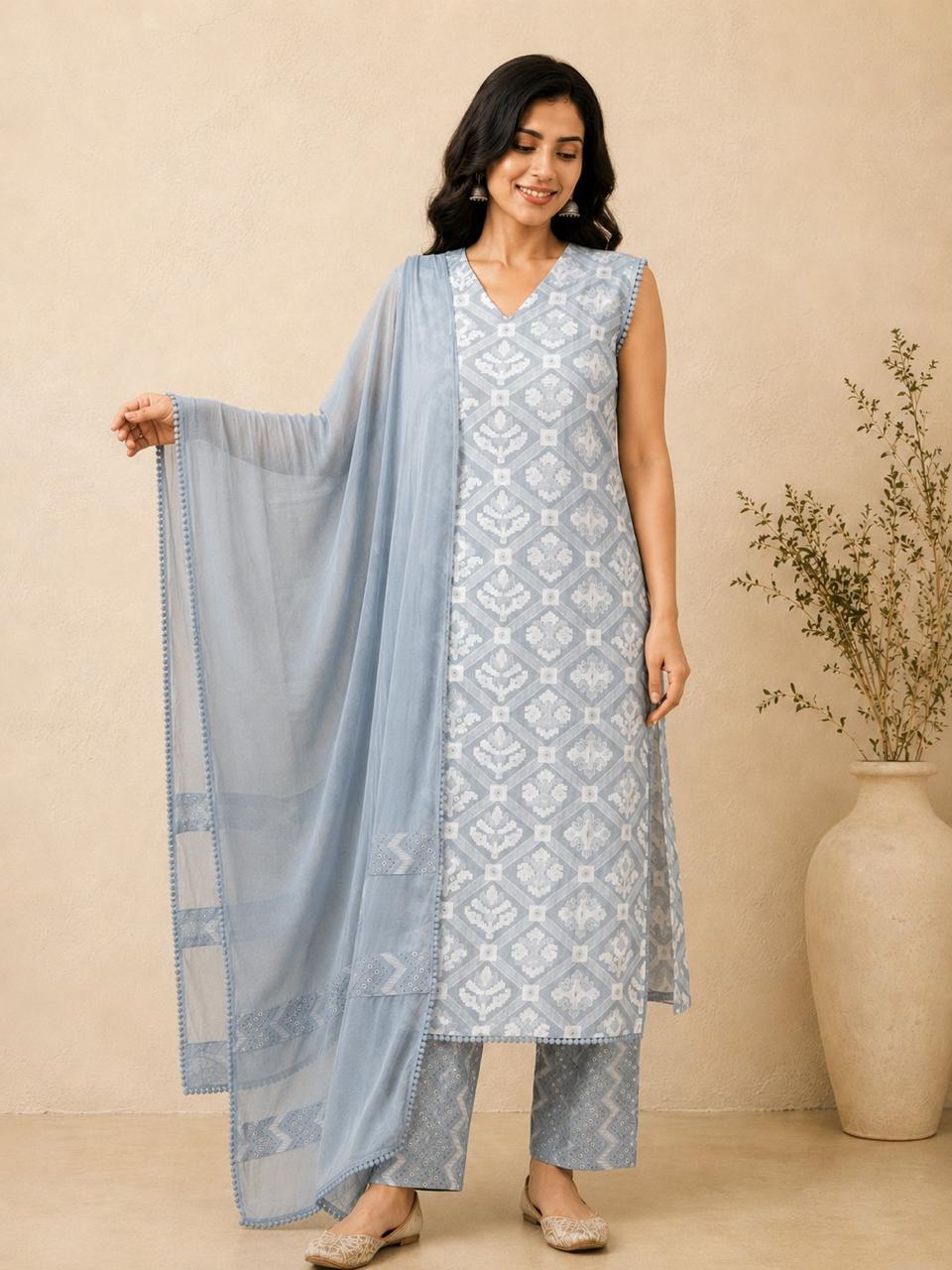 Women Abstract Printed Straight V neck Straight Kurta With Palazzo and Dupatta
