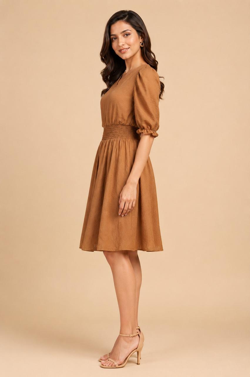 Brown Solid Fit & Flared Dress For Women