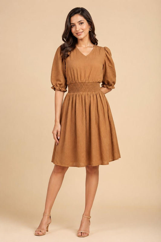 Brown Solid Fit & Flared Dress For Women