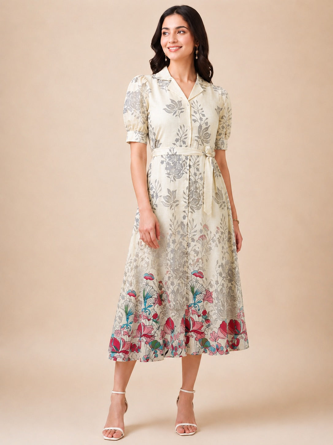 Women Printed Front Button Dress With Belt