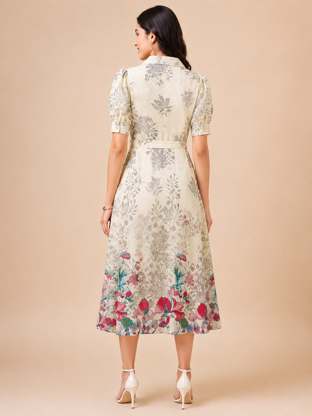Women Printed Front Button Dress With Belt