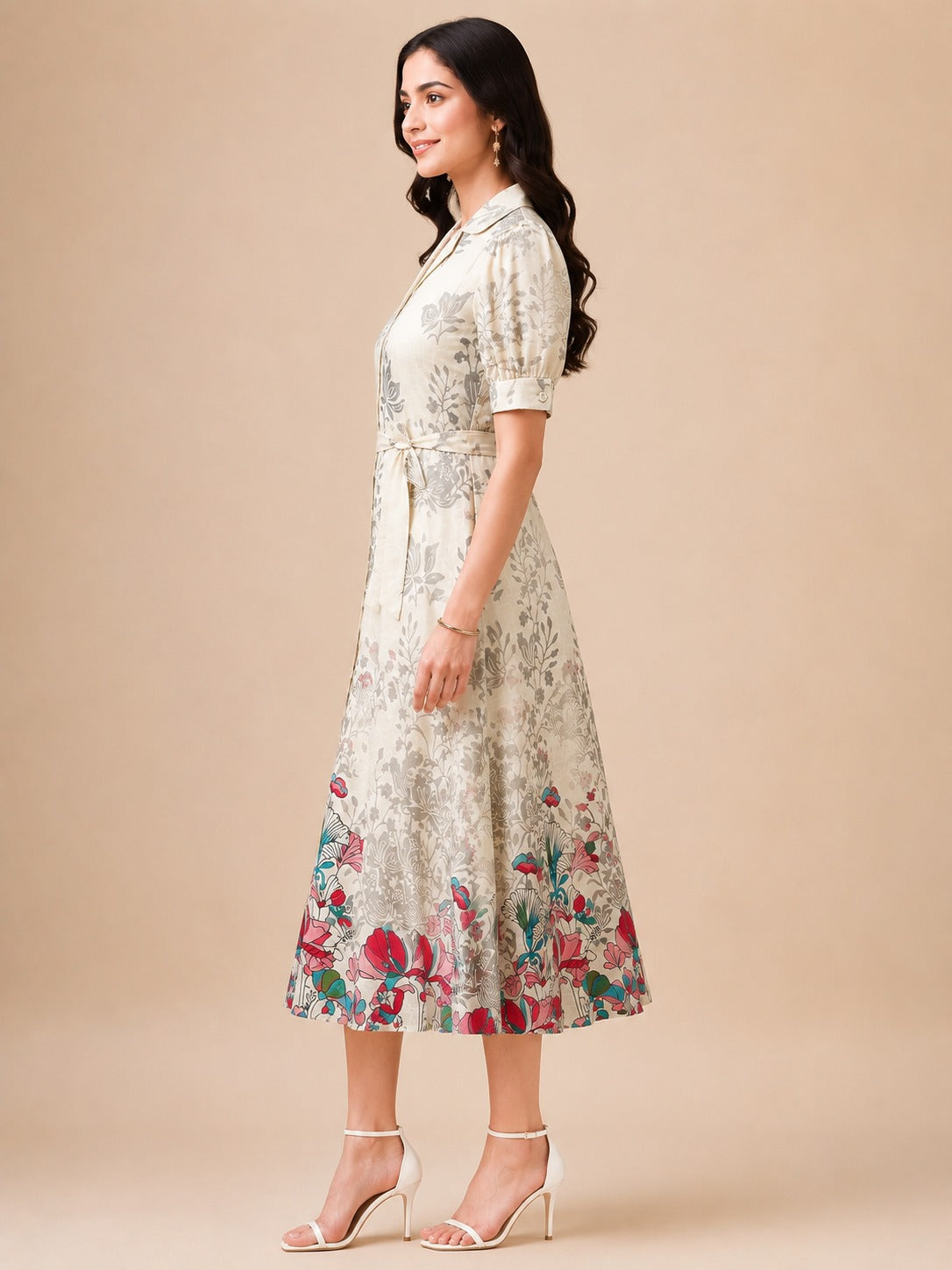 Women Printed Front Button Dress With Belt