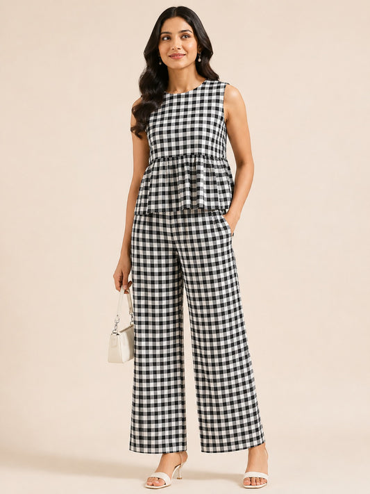 Women Checked Printed Peplum Top and Pant Co-Ords