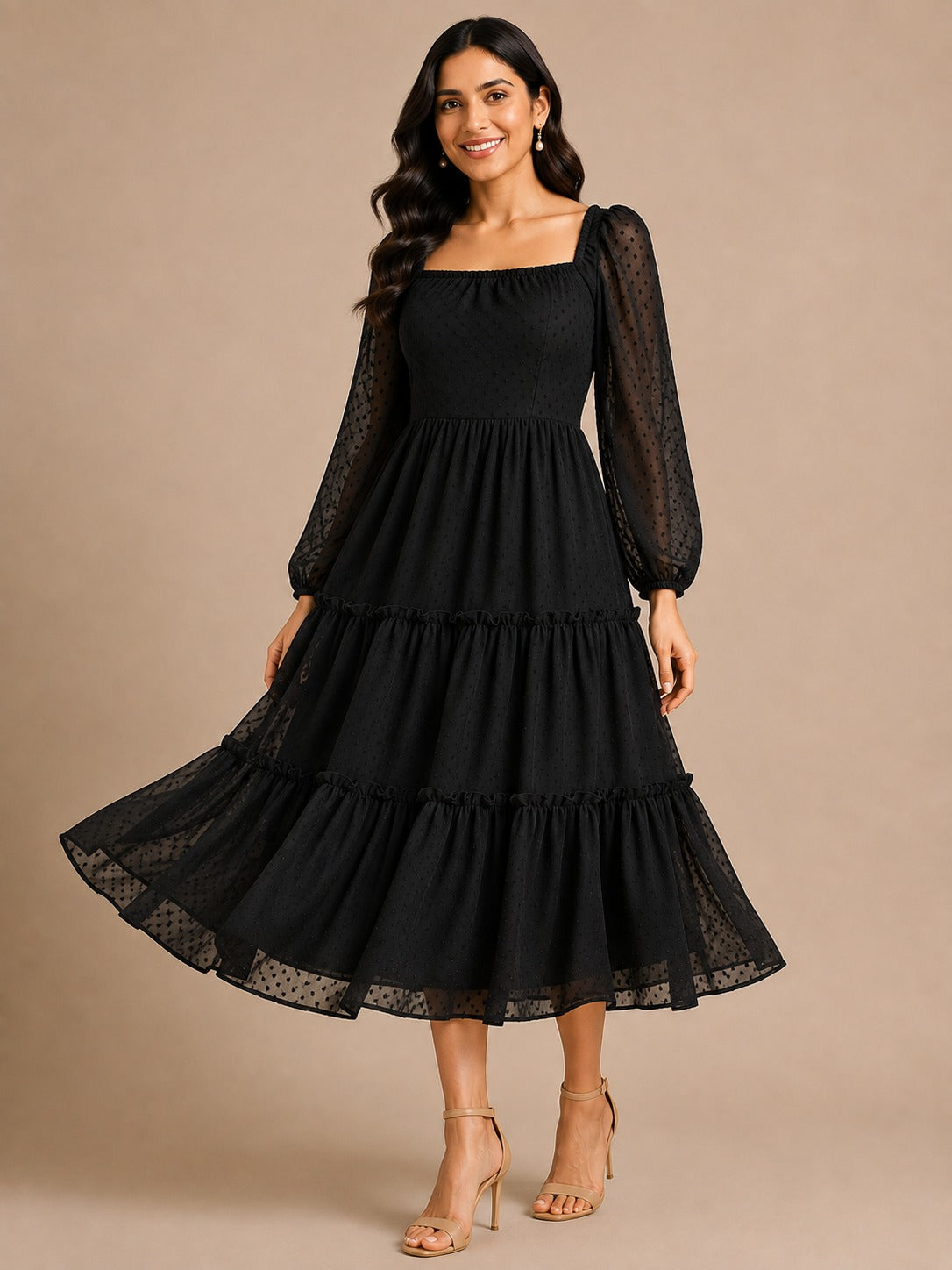 Women Black Georgette Flared Dress