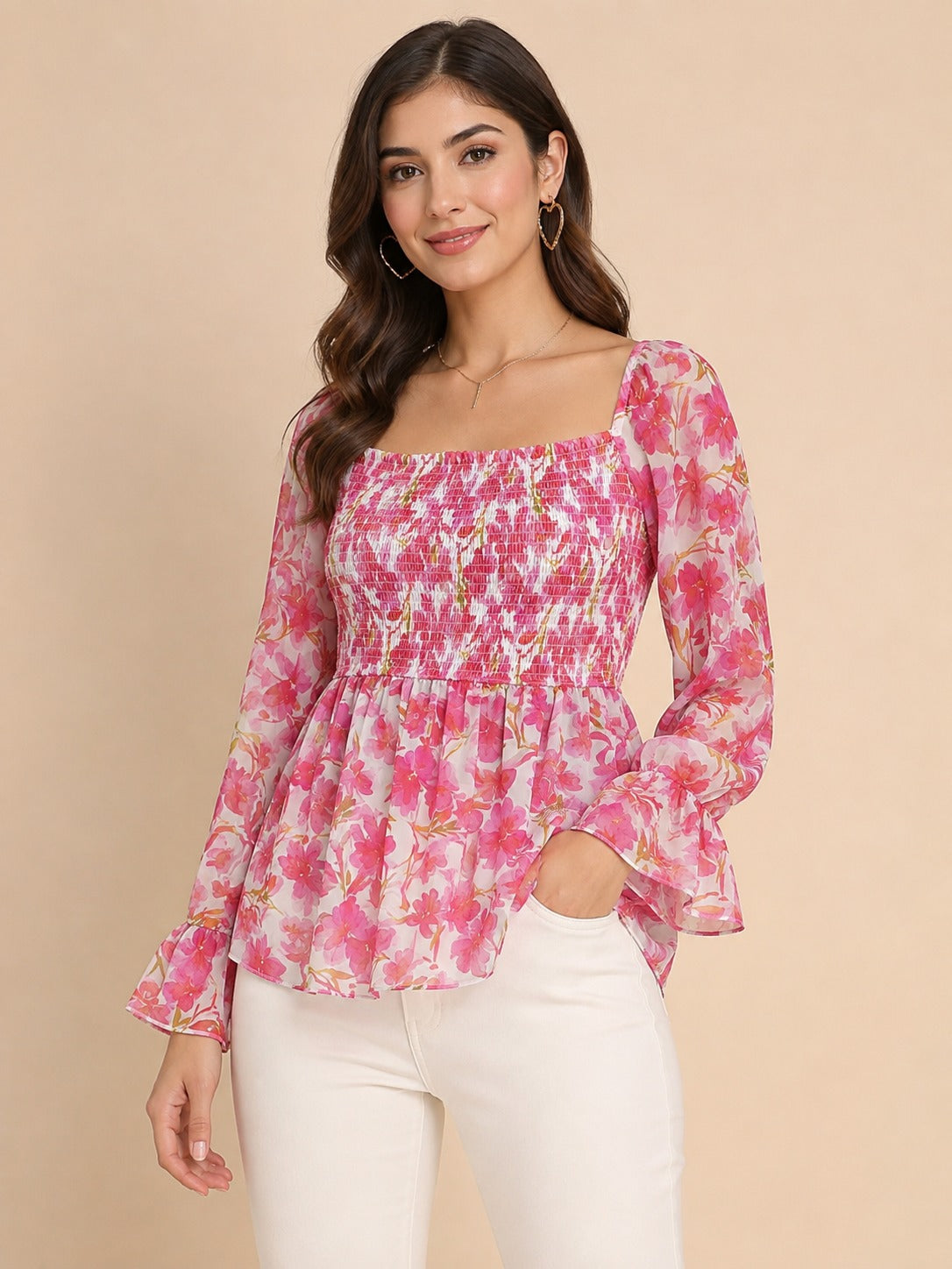 Women Floral Pink Square Neck Peplum Top
