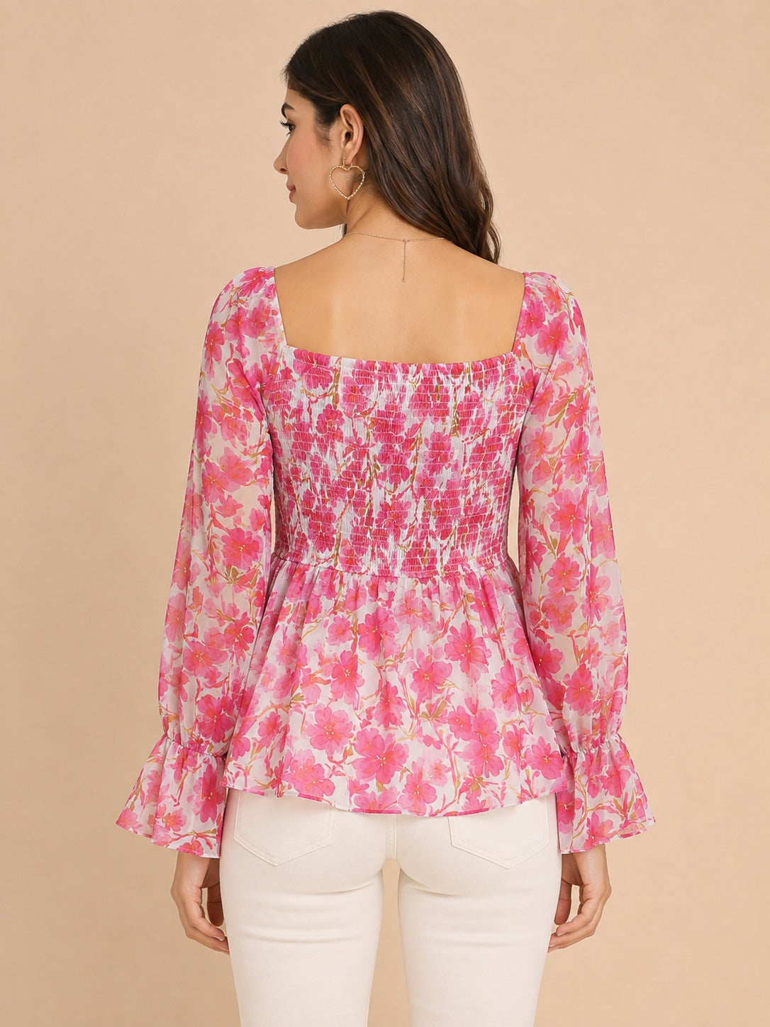 Women Floral Pink Square Neck Peplum Top