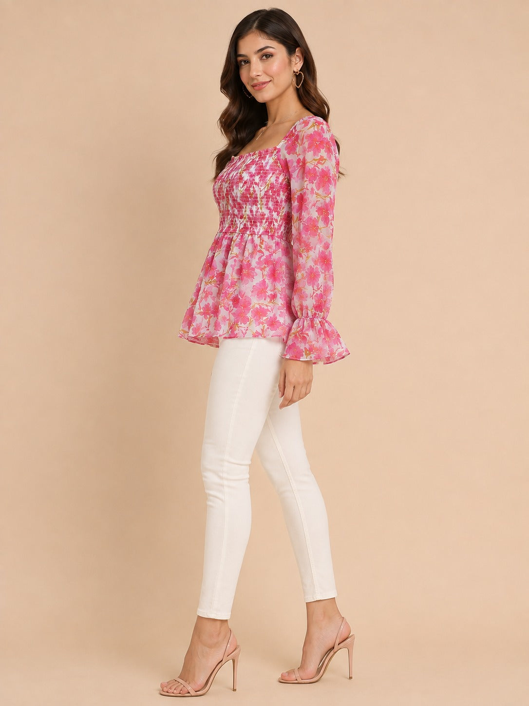 Women Floral Pink Square Neck Peplum Top