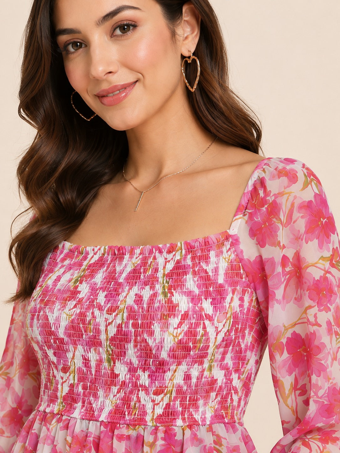 Women Floral Pink Square Neck Peplum Top