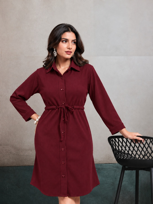 Women’s Solid Cotrise Tie-Up Winter Dress