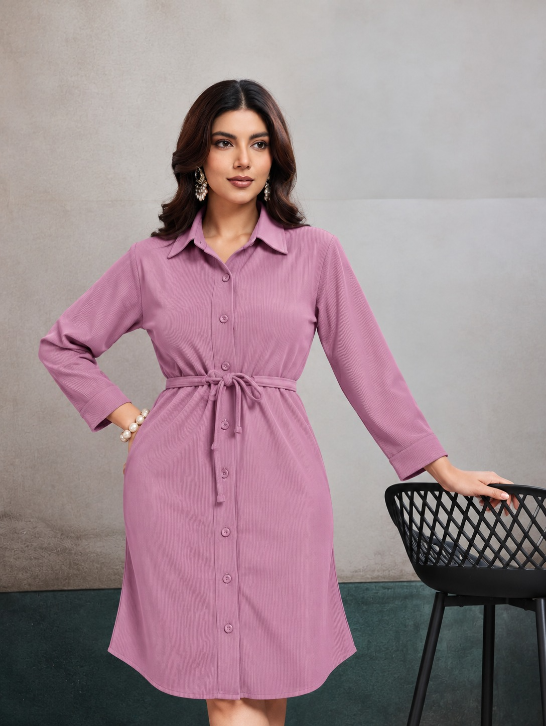 Women’s Solid Cotrise Tie-Up Winter Dress