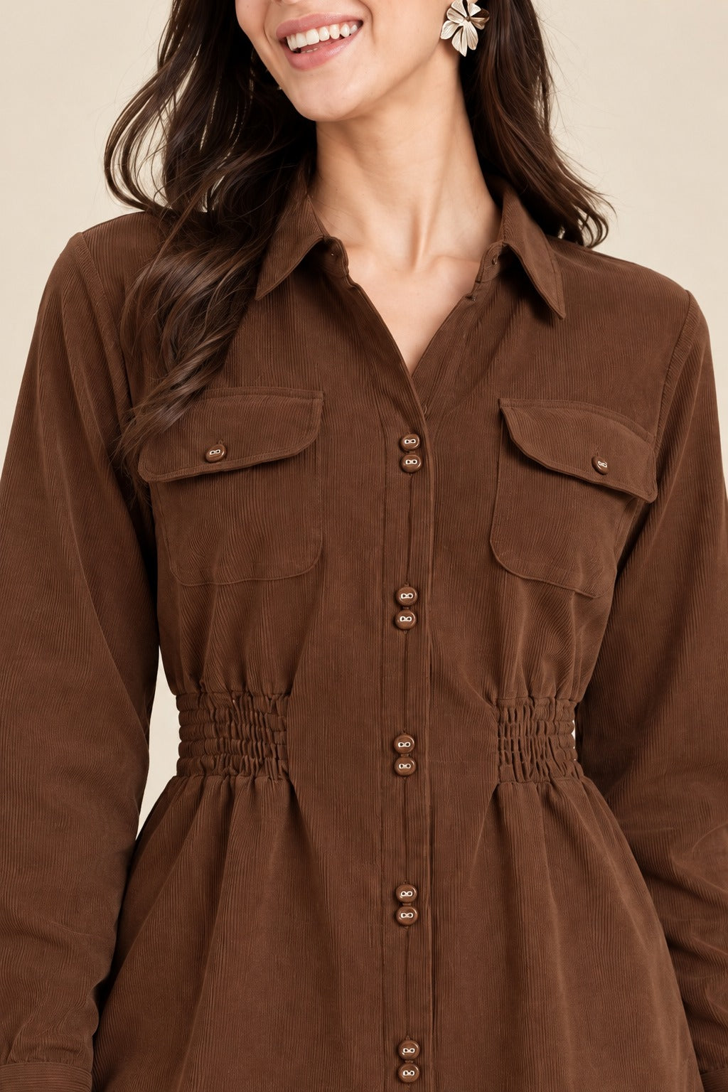 Women’s Solid Corduroy Winter Dress with Smocked Elasticated Waist