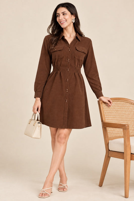 Women’s Solid Corduroy Winter Dress with Smocked Elasticated Waist