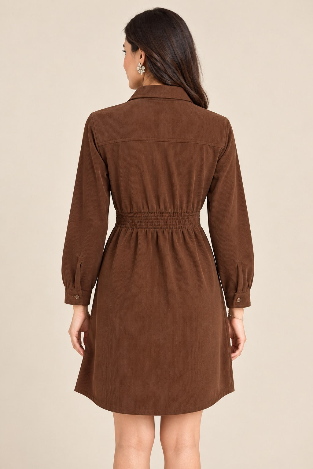 Women’s Solid Corduroy Winter Dress with Smocked Elasticated Waist