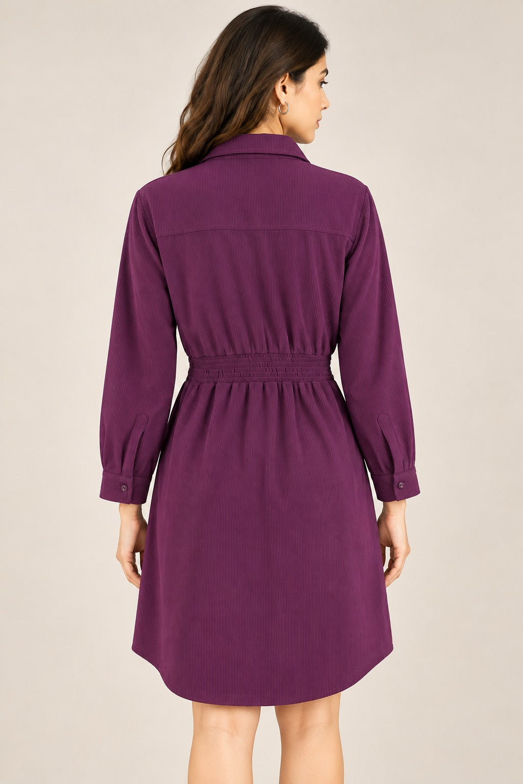 Women’s Solid Corduroy Winter Dress with Smocked Elasticated Waist