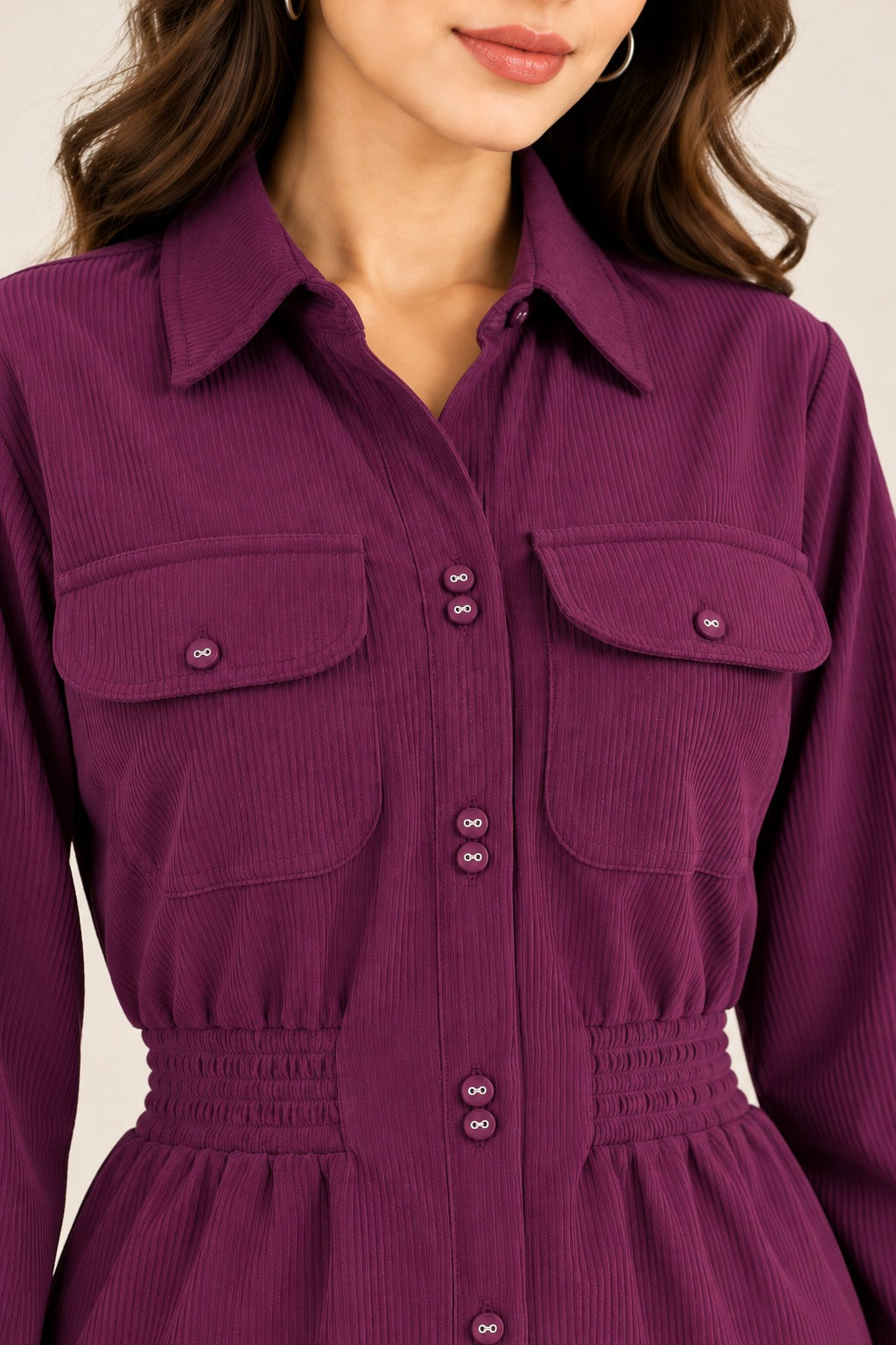 Women’s Solid Corduroy Winter Dress with Smocked Elasticated Waist