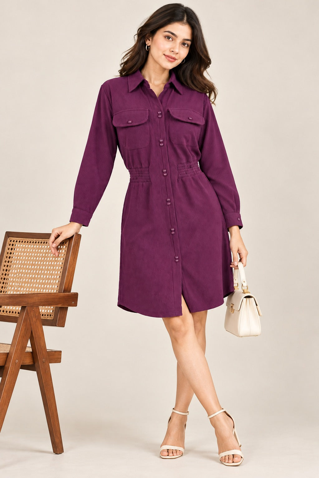 Women’s Solid Corduroy Winter Dress with Smocked Elasticated Waist