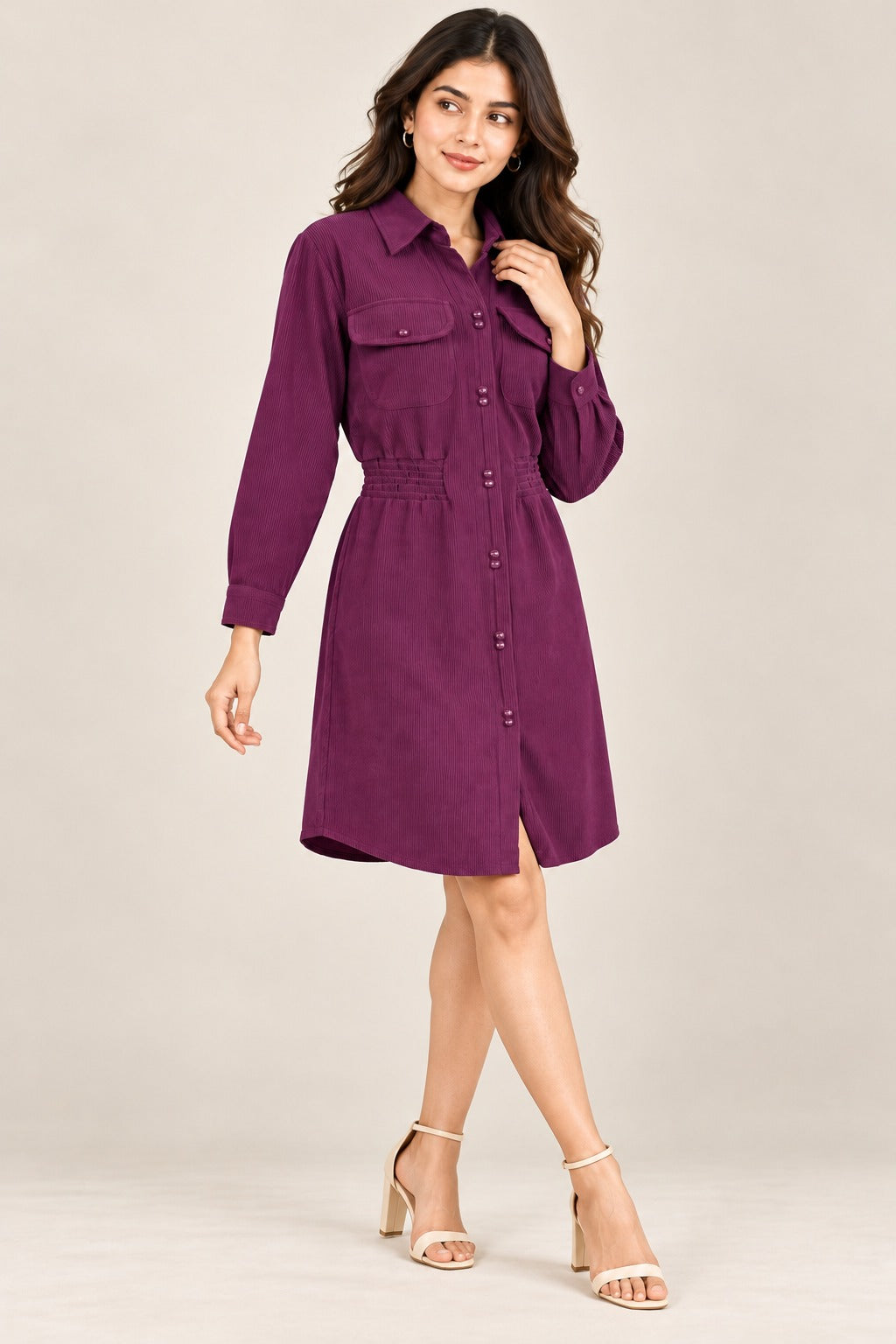 Women’s Solid Corduroy Winter Dress with Smocked Elasticated Waist