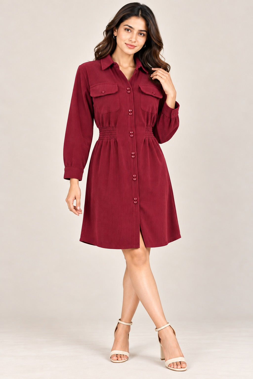 Women’s Solid Corduroy Winter Dress with Smocked Elasticated Waist